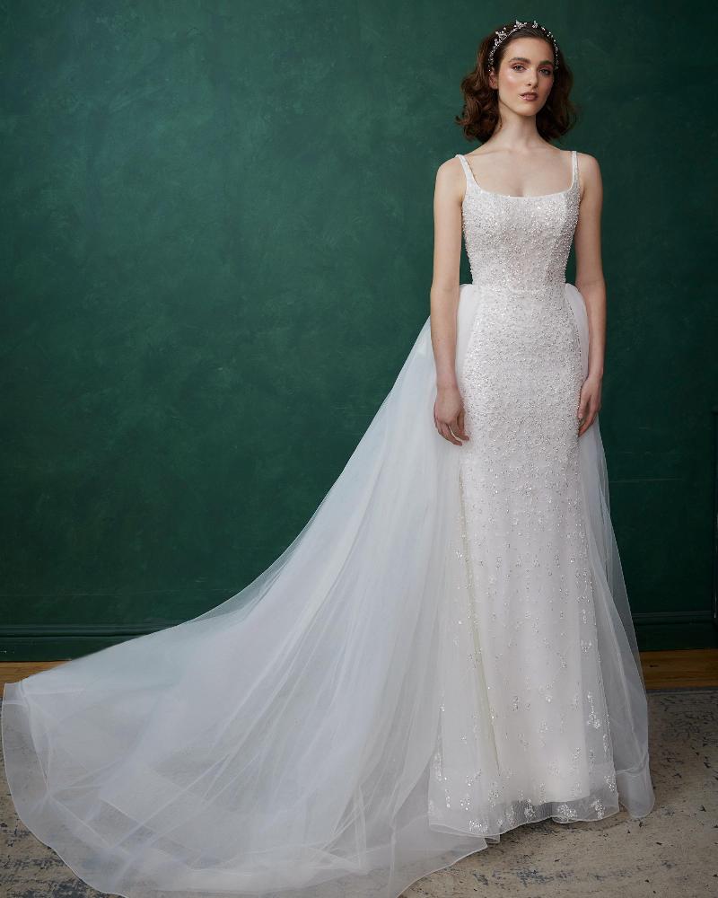 La23231 beaded square neck wedding dress with train and tank straps3